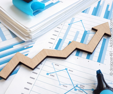 Grafiken und ein gezackter Pfeil, der nach oben zeigt.